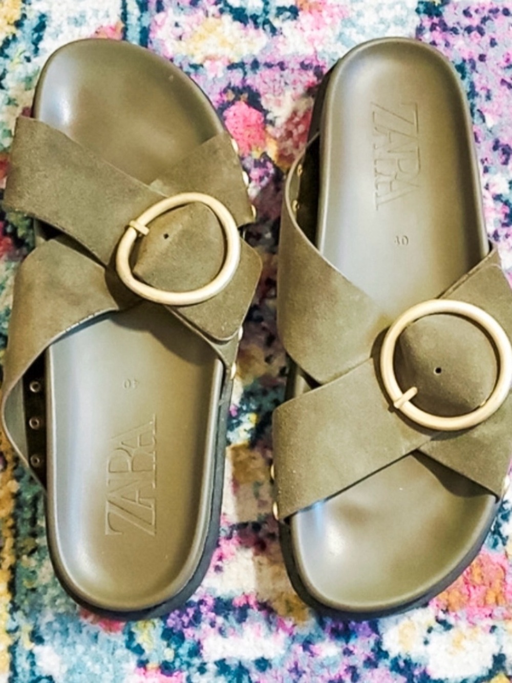ZARA Leather and Suede Green Slip On Slides Sandals